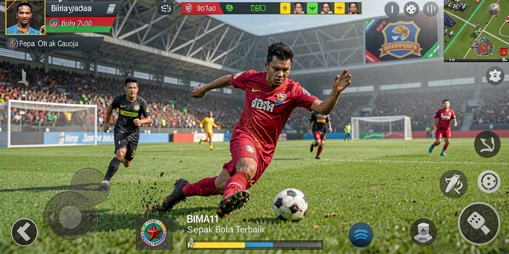 Tampilan gameplay BIMA11 dengan aksi seru di lapangan sepak bola.