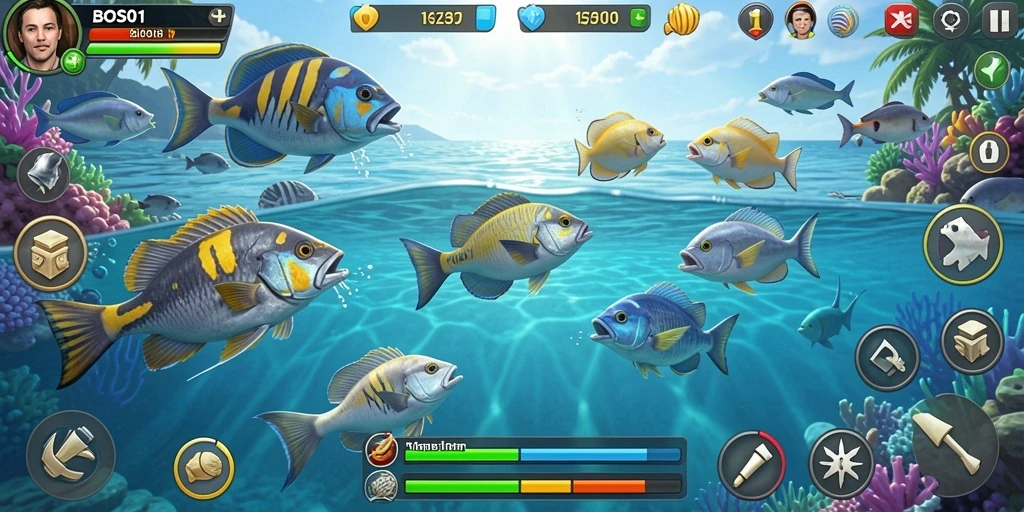 Tampilan gameplay seru dalam BOS01 saat menembak ikan.