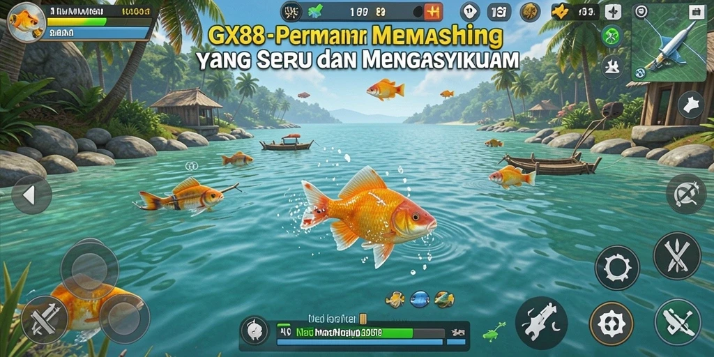 Screenshot GX88 menampilkan aksi memancing yang mendebarkan di laut yang indah.
