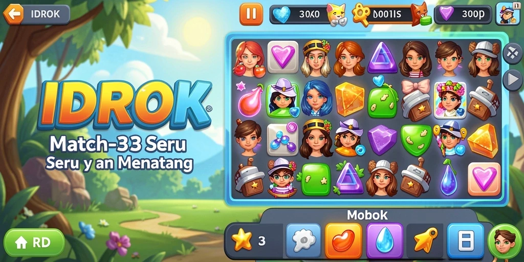Tampilan gameplay IDROK dengan elemen match-3 yang berwarna-warni.