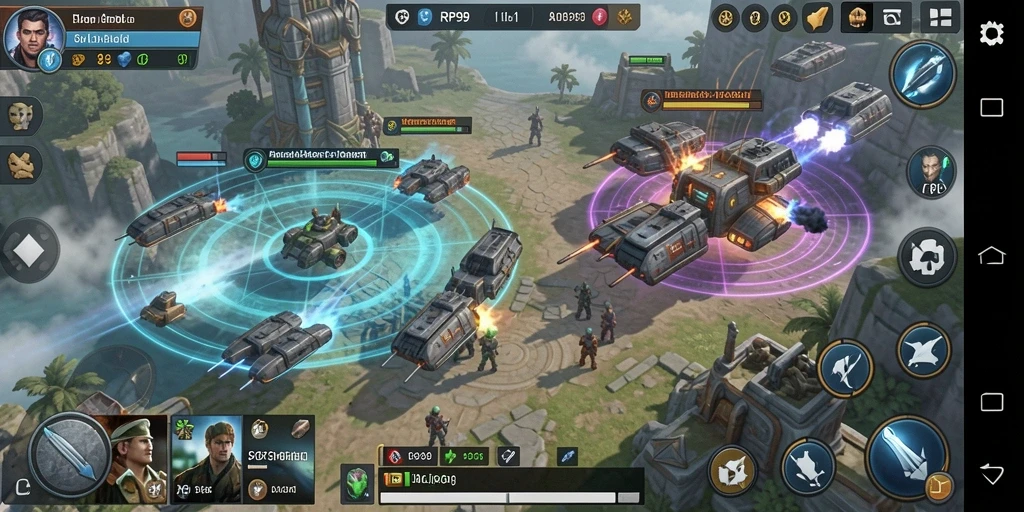 Screenshot menunjukkan strategi pertempuran yang intens di RP99.